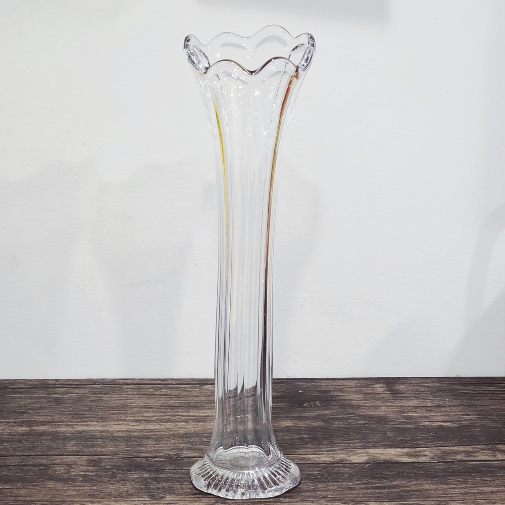 Clear Swung Bud Vase‎ Depression Glass Ribbed Stretched  15" Vintage - Picture 2 of 5